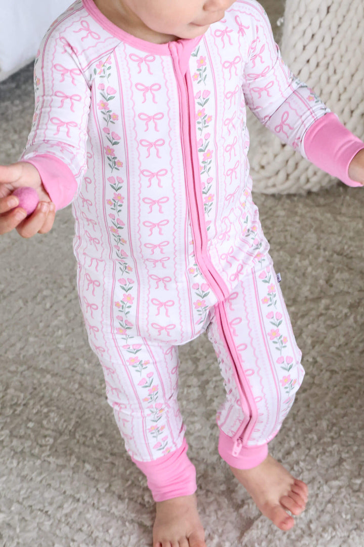 caden lane coquette garden convertible zip romper with bows and blooms for newborns