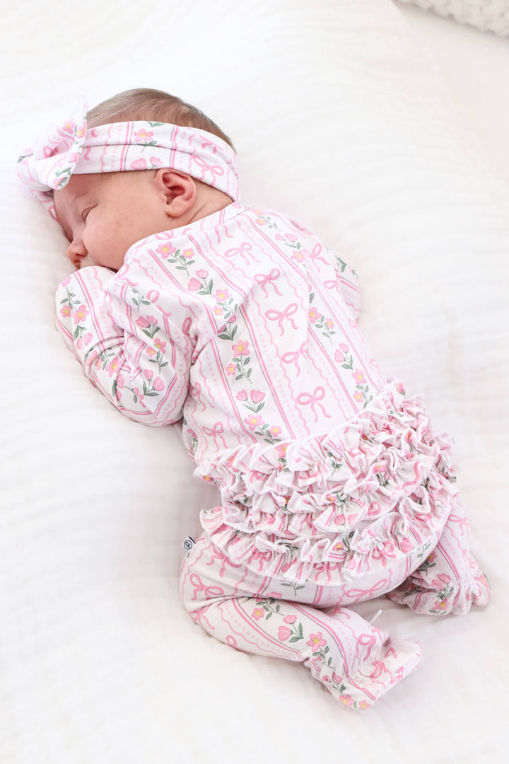 caden lane coquette garden ruffle zipper footie for babies