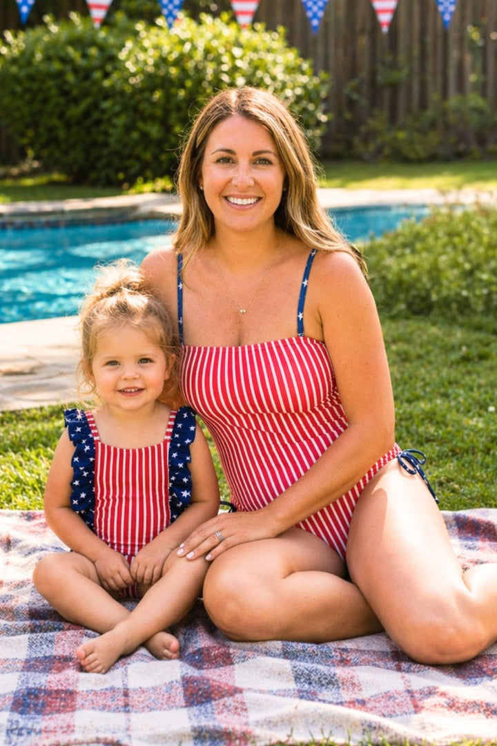mom and daughter wearing matching Stars & Stripes Party swim styles