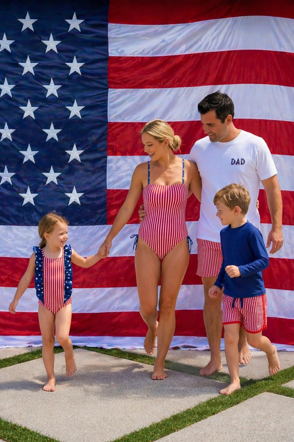 family at pool in 4th of july stars and stripes matching swimwear