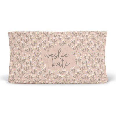 personalized pink changing pad cover with white wildflowers 
