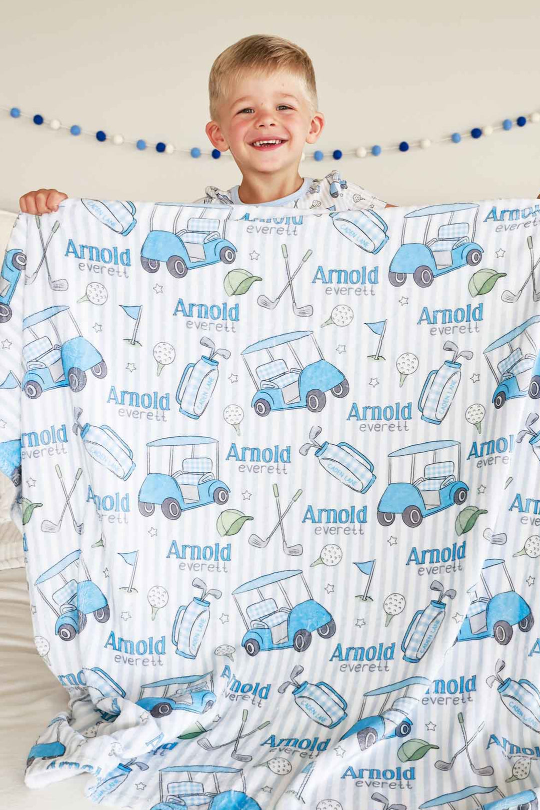 golf personalized kids blanket in blue, caddie crew, flat lay