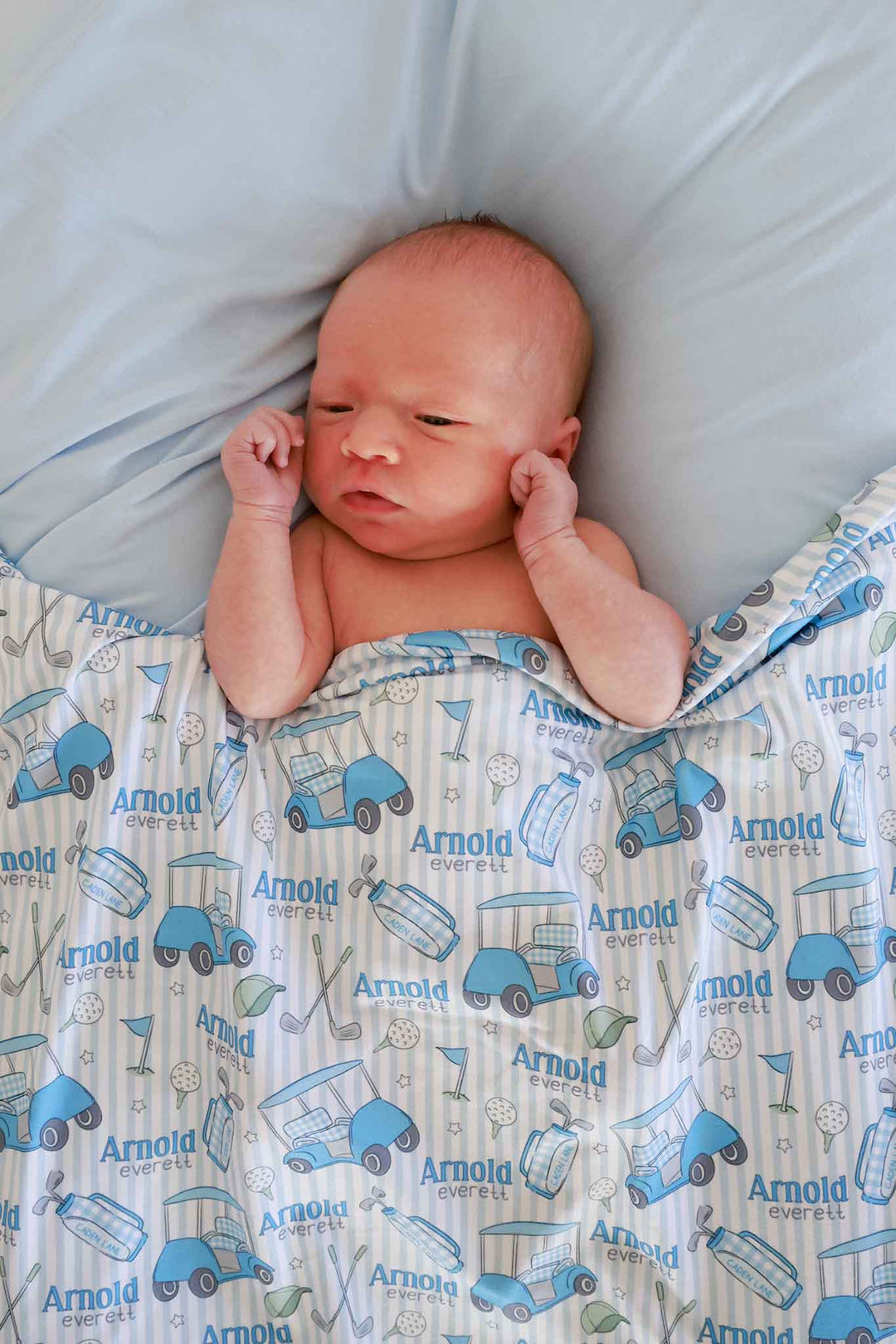golf personalized swaddle blanket in blue, caddie crew