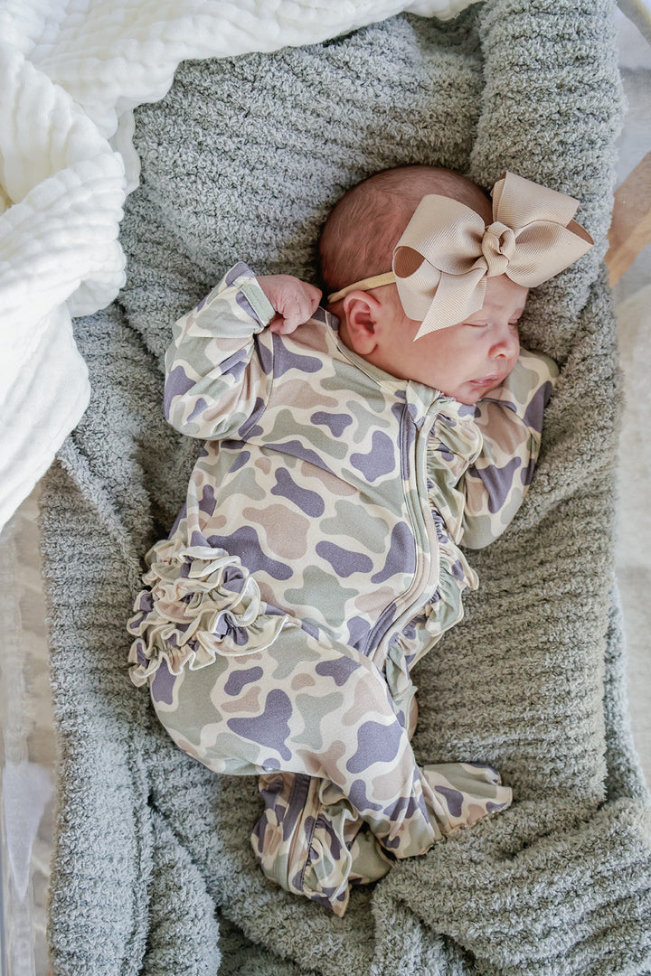 Ruffle Zipper Footie | Camo Cutie