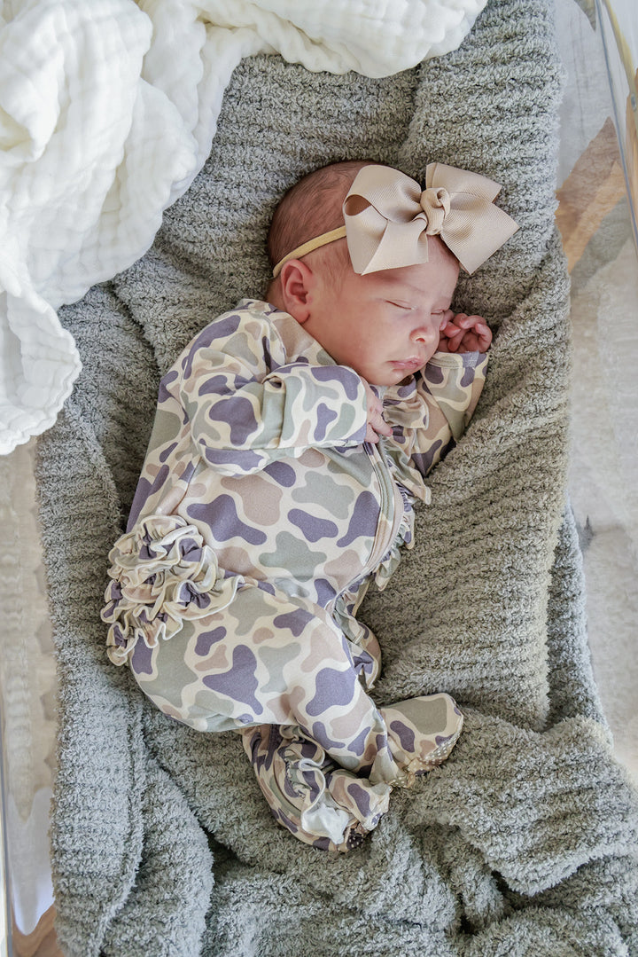 Ruffle Zipper Footie | Camo Cutie