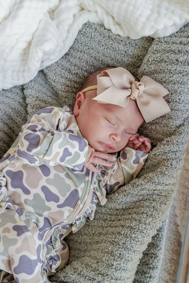 Ruffle Zipper Footie | Camo Cutie