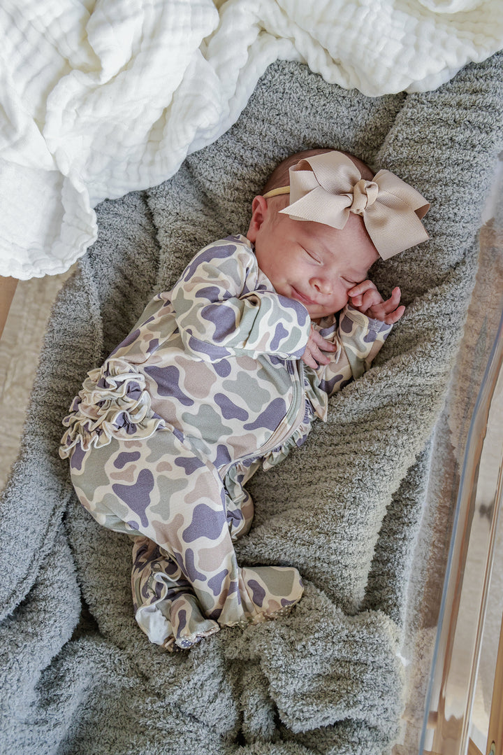 Ruffle Zipper Footie | Camo Cutie