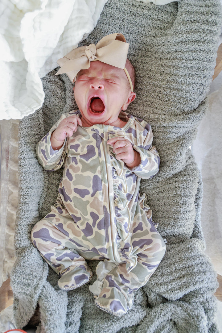 Ruffle Zipper Footie | Camo Cutie