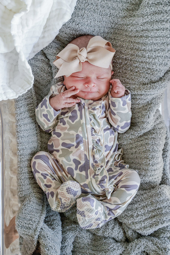 Ruffle Zipper Footie | Camo Cutie