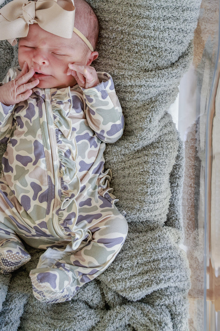 Ruffle Zipper Footie | Camo Cutie