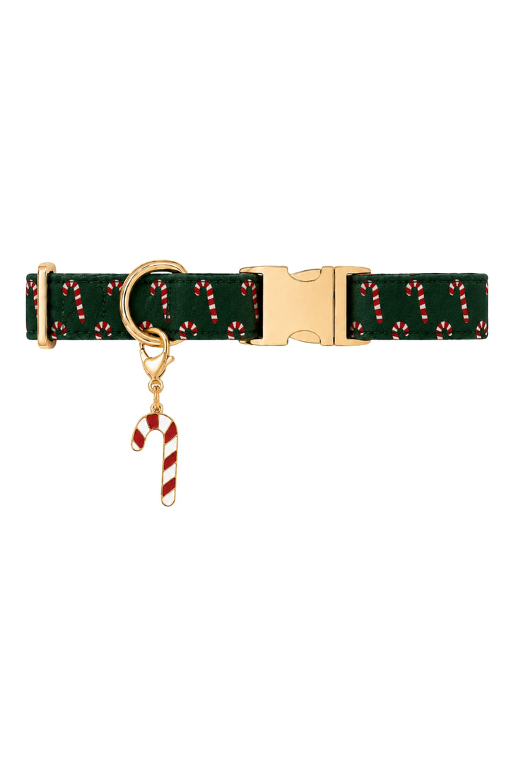 Lane & Leash green candy cane print collar with a gold buckle and enamel candy cane charm