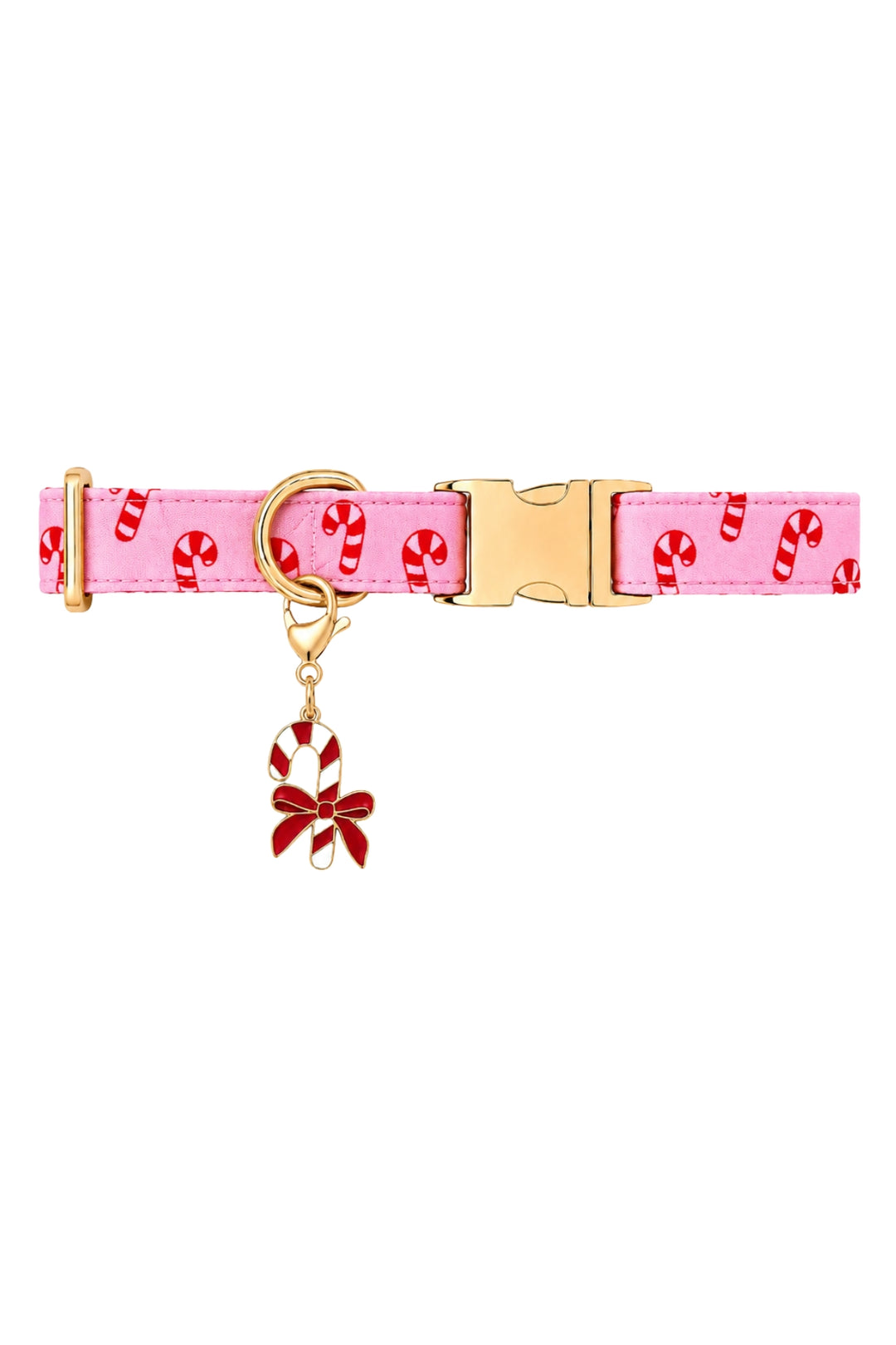 Lane & Leash pink candy cane print collar with gold buckle and enamel candy cane bow charm