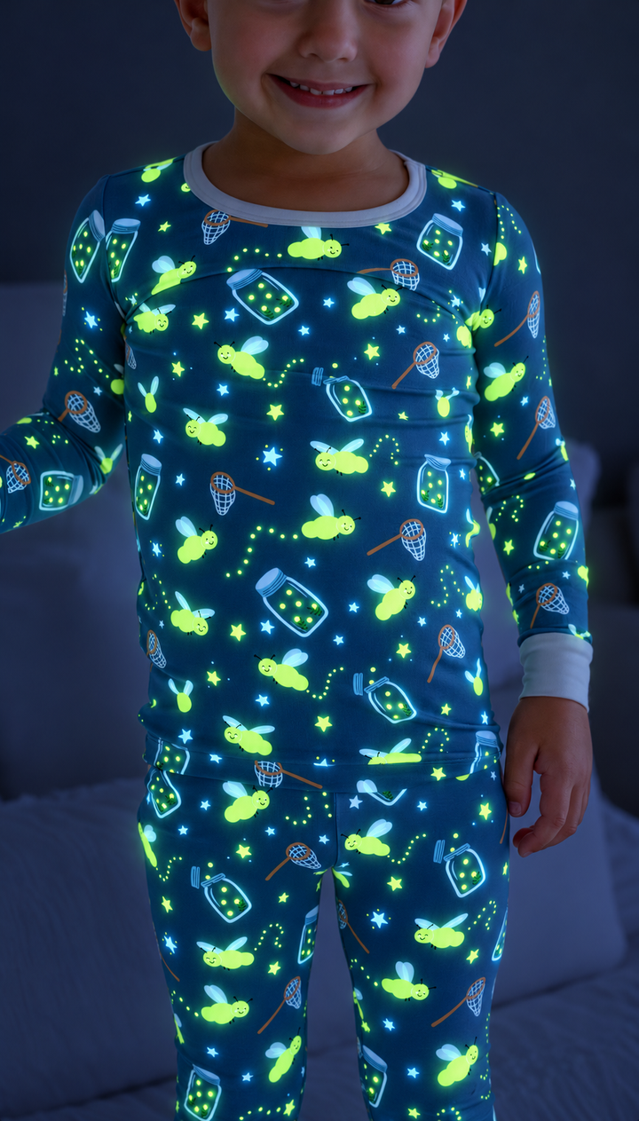 Cropped shot of a smiling child standing in the dark, wearing a Caden Lane blue two-piece bamboo pajama set in a Chasing Fireflies print featuring fireflies and mason jars.