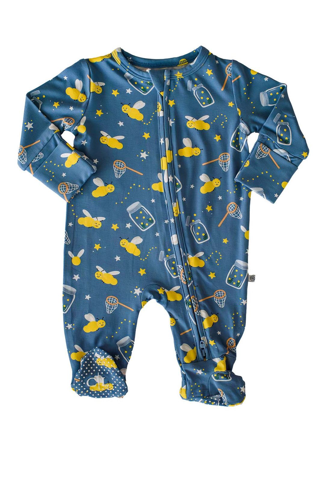 Flat lay of a Caden Lane blue bamboo zipper footie in a Chasing Fireflies print featuring fireflies and mason jars, with arms outstretched and polka-dot feet.