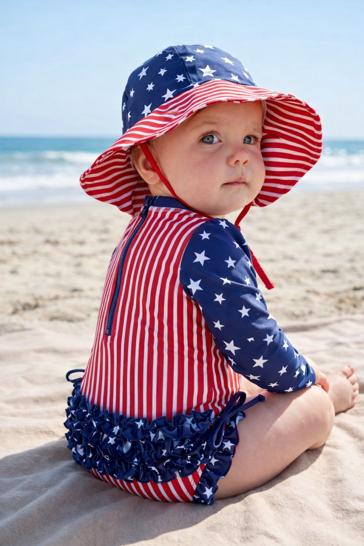 girl on beach in long sleeve rash guard with ruffle bottom in matching sun hat 