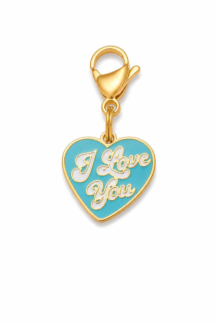 Teal enamel I Love You heart pet collar charm with gold lobster claw clasp on white background