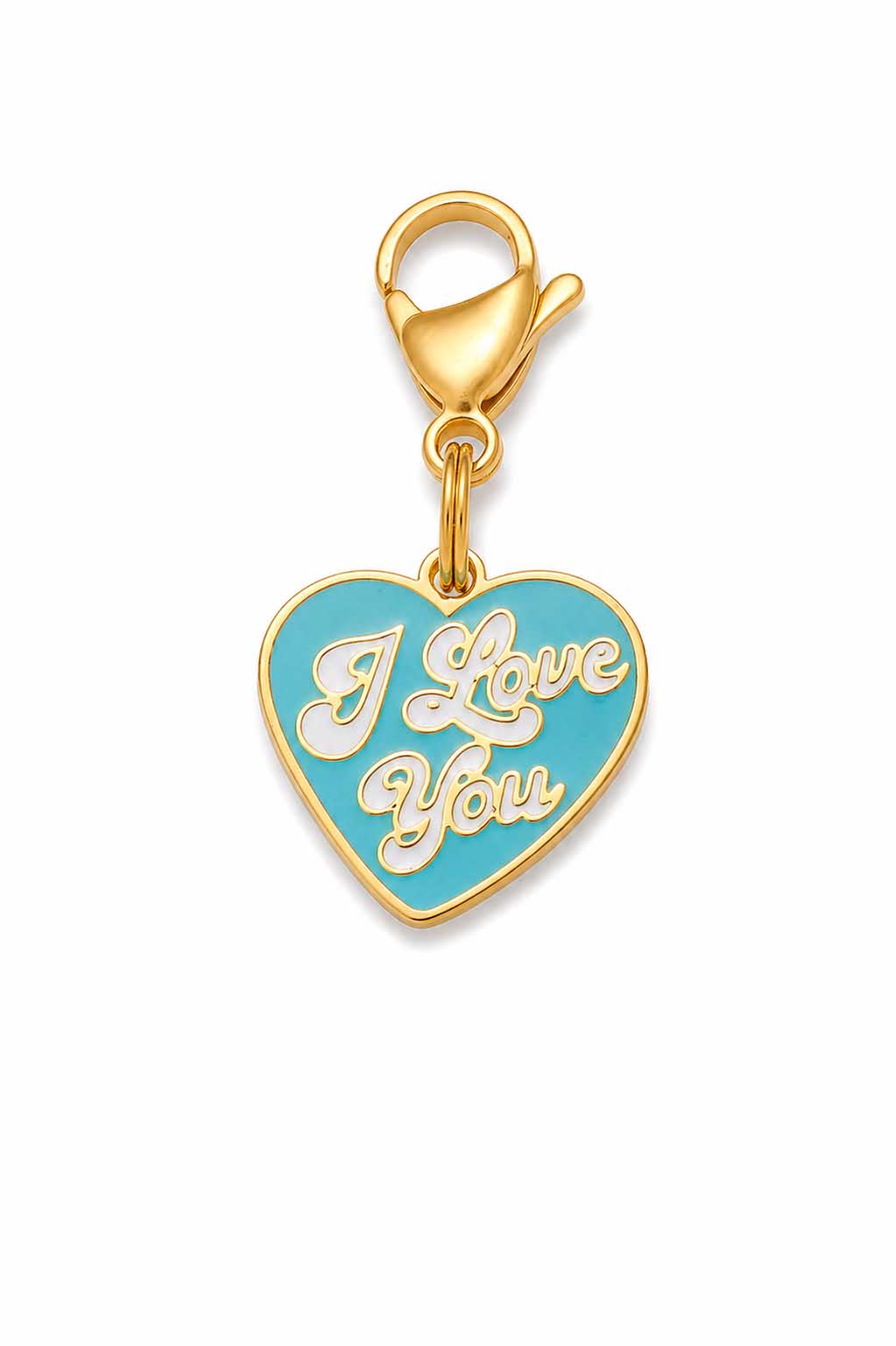 Teal enamel heart-shaped pet collar charm with gold "I Love You" script lettering and gold lobster claw clasp on white background