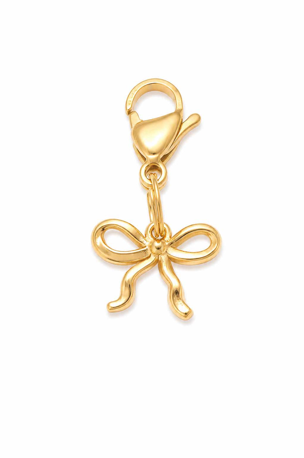 Gold bow pet collar charm with lobster claw clasp on white background