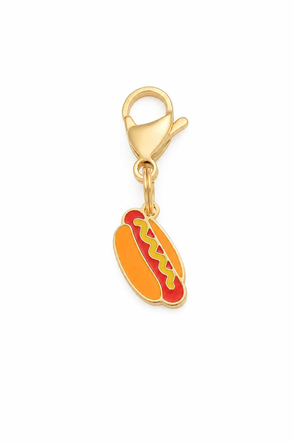 Orange and red enamel hot dog pet collar charm with mustard and ketchup, gold lobster claw clasp on white background
