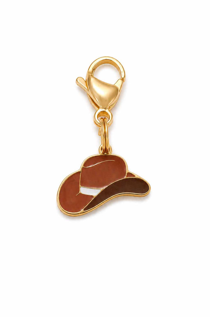 Brown enamel cowboy hat pet collar charm with gold lobster claw clasp on white background