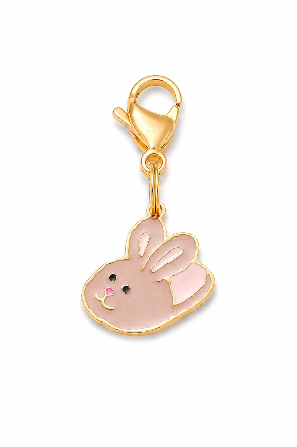 Pink enamel bunny rabbit pet collar charm with gold lobster claw clasp on white background