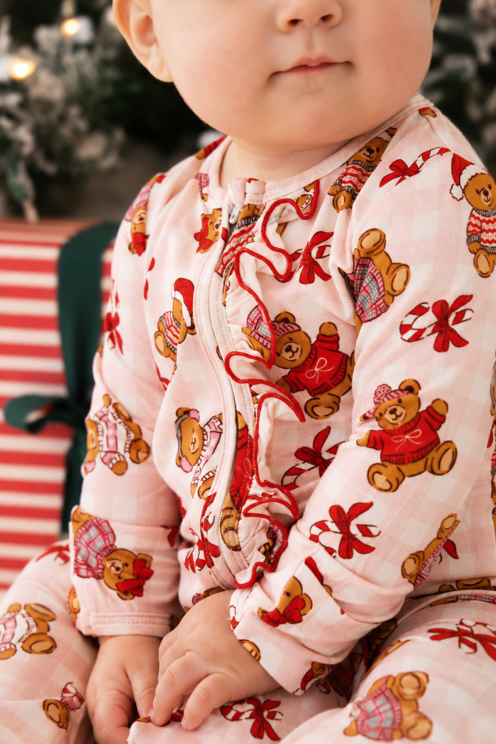 Christmas Ruffle Bamboo Zipper Footie | Beary Christmas Pink