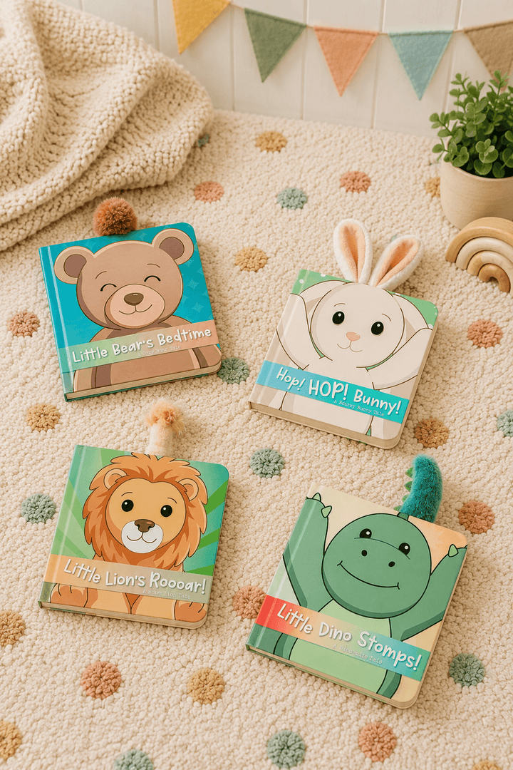 Cuddle Plush Friends Story Books collection flat lay showing Little Bear's Bedtime, Hop HOP Bunny, Little Lion's Roooar, and Little Dino Stomps board books with 3D plush tails on a textured surface