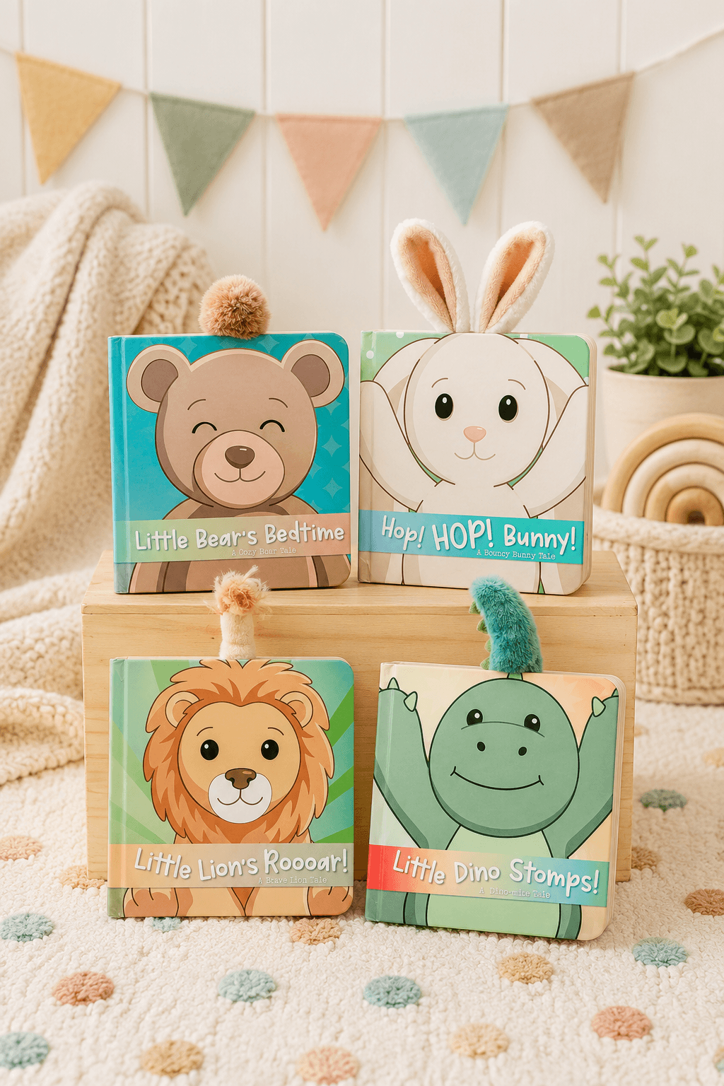 Cuddle Plush Friends Story Books collection featuring Little Bear's Bedtime, Hop HOP Bunny, Little Lion's Roooar, and Little Dino Stomps board books with 3D plush tails displayed on a wooden surface