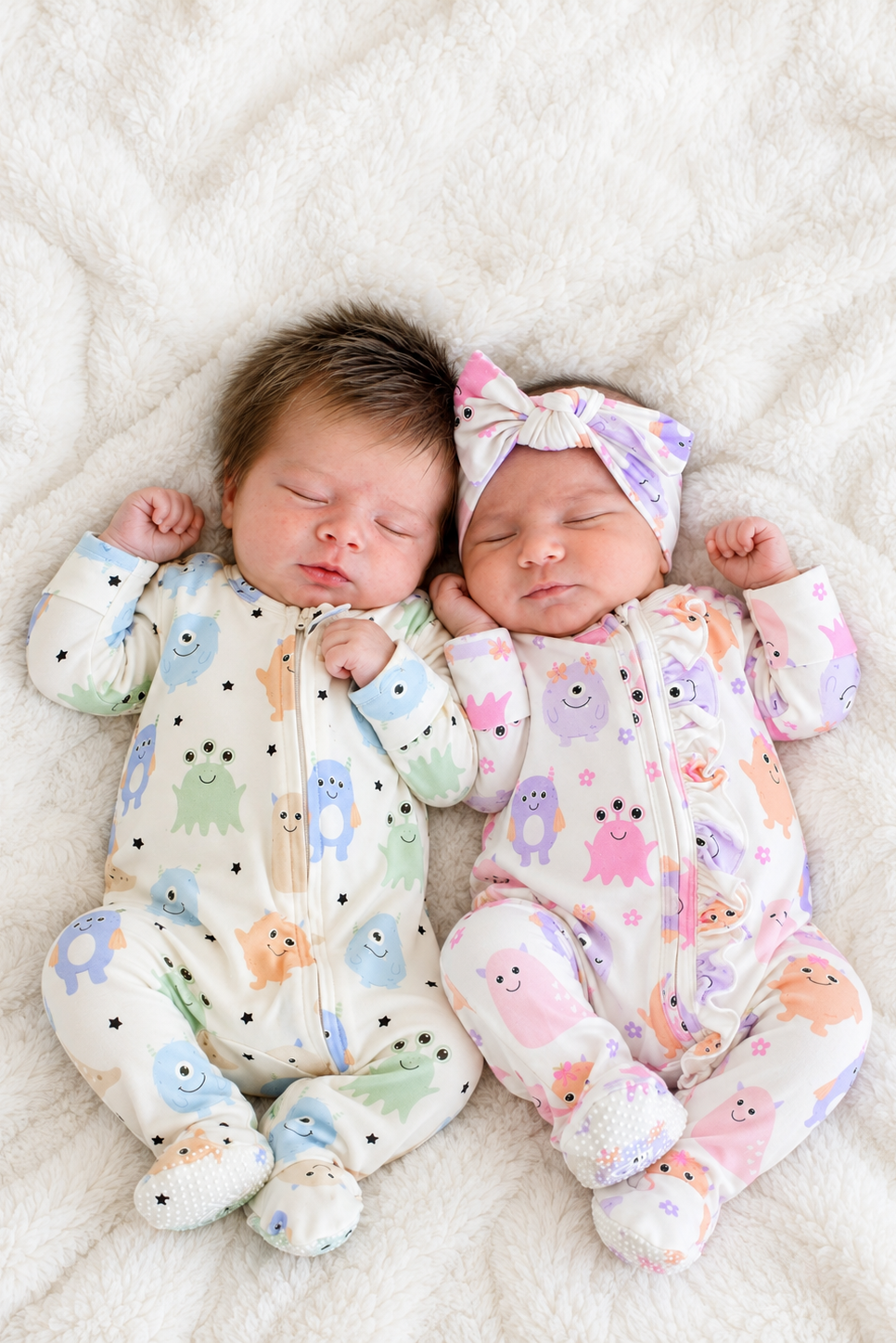 Two newborn babies laying on a white cozy blanket, wearing the new neutral and pink mini monster Caden Lane footies