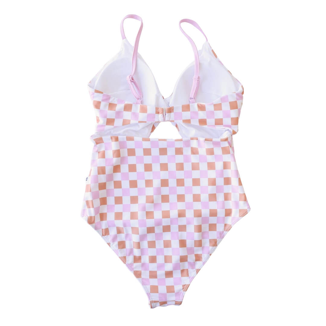 pink and orange check swimsuit for women one piece