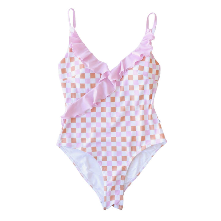 pink and orange check women's ruffled swimsuit 