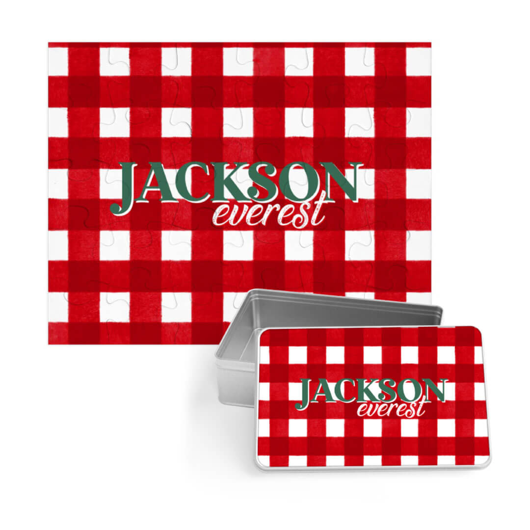 red and white check personalized christmas puzzle for kids with matching tin