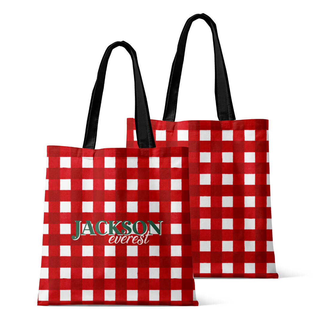red and white check personalized tote bag for kids 