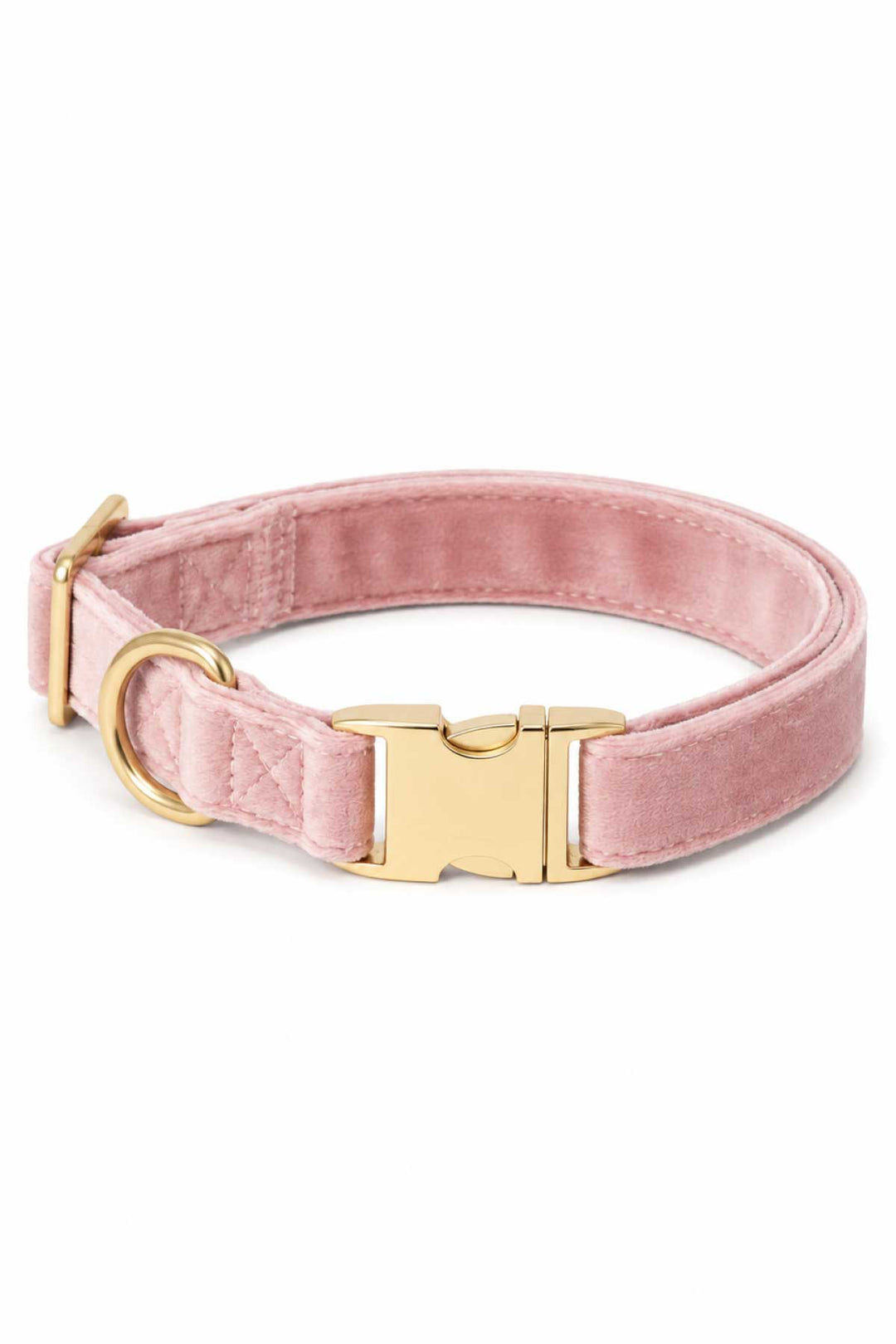 Caden Lane ballet slipper pink velvet dog collar with gold buckle and D-ring hardware, laying flat on white background