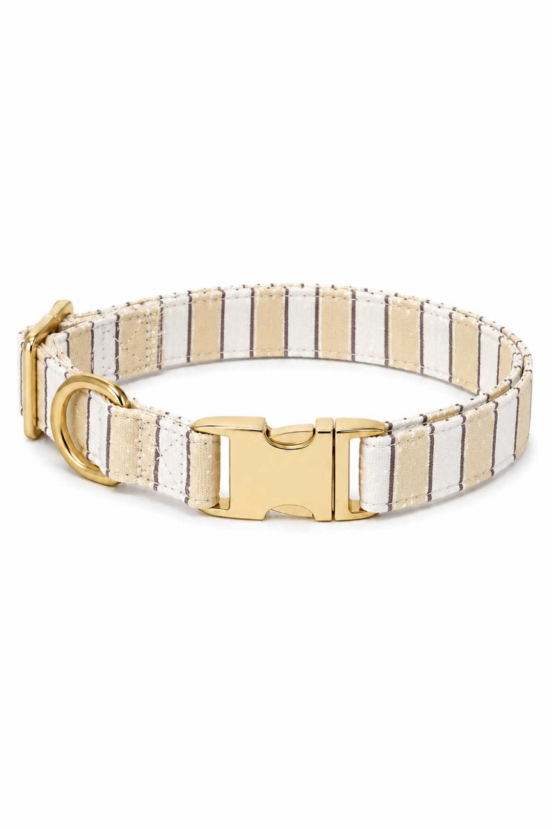 Dog collar in Biscuit Stripe pattern with tan and white vertical stripes, featuring a gold-tone quick-release buckle and D-ring