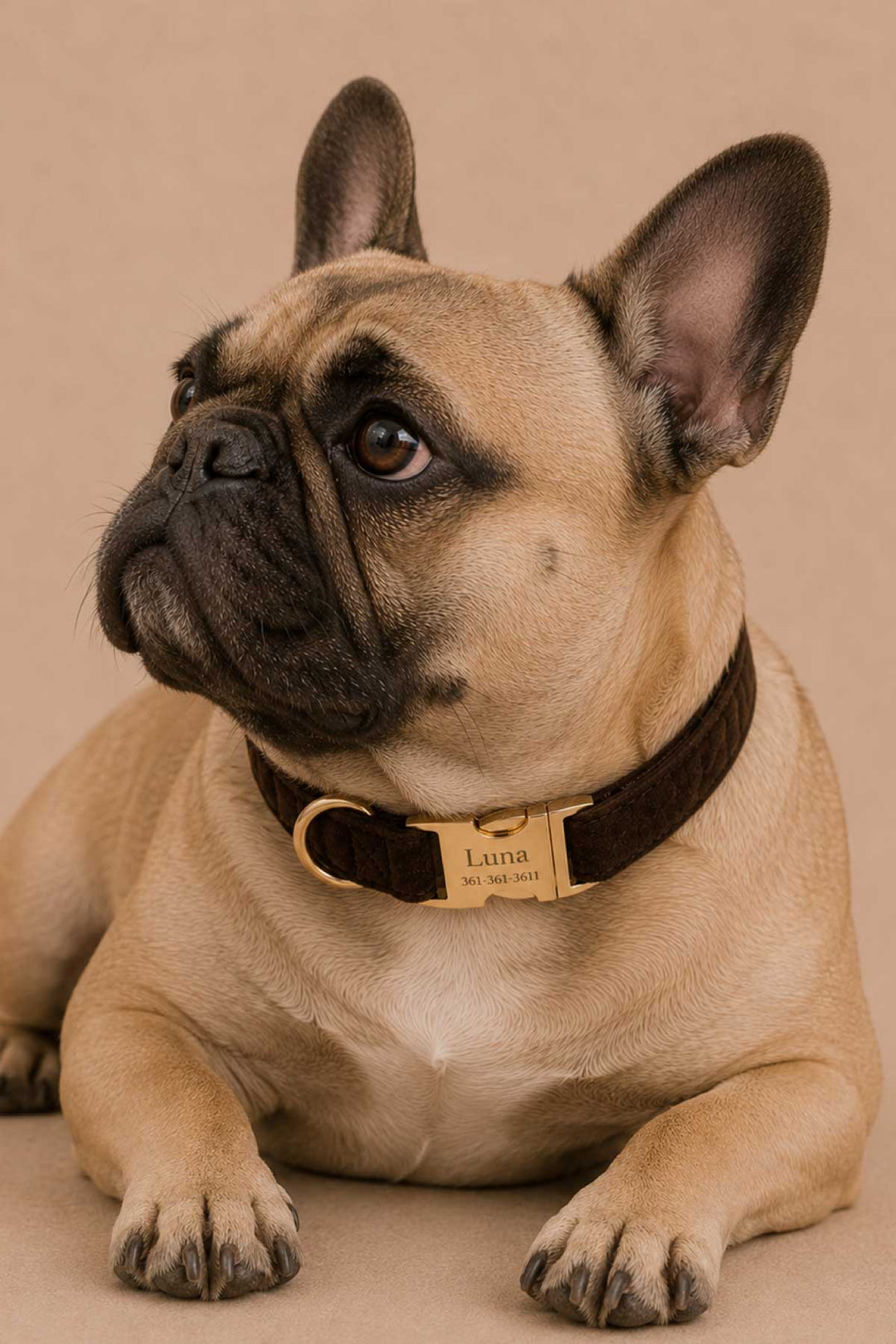 French bulldog lying down wearing a personalized espresso crush dark brown velvet dog collar with gold buckle