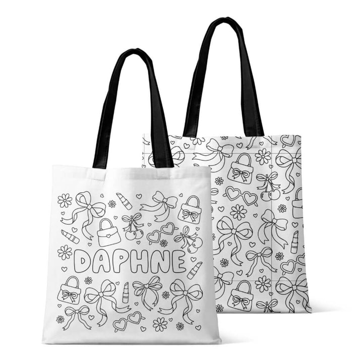 colorable personalized tote bag purse, bow and lipstick