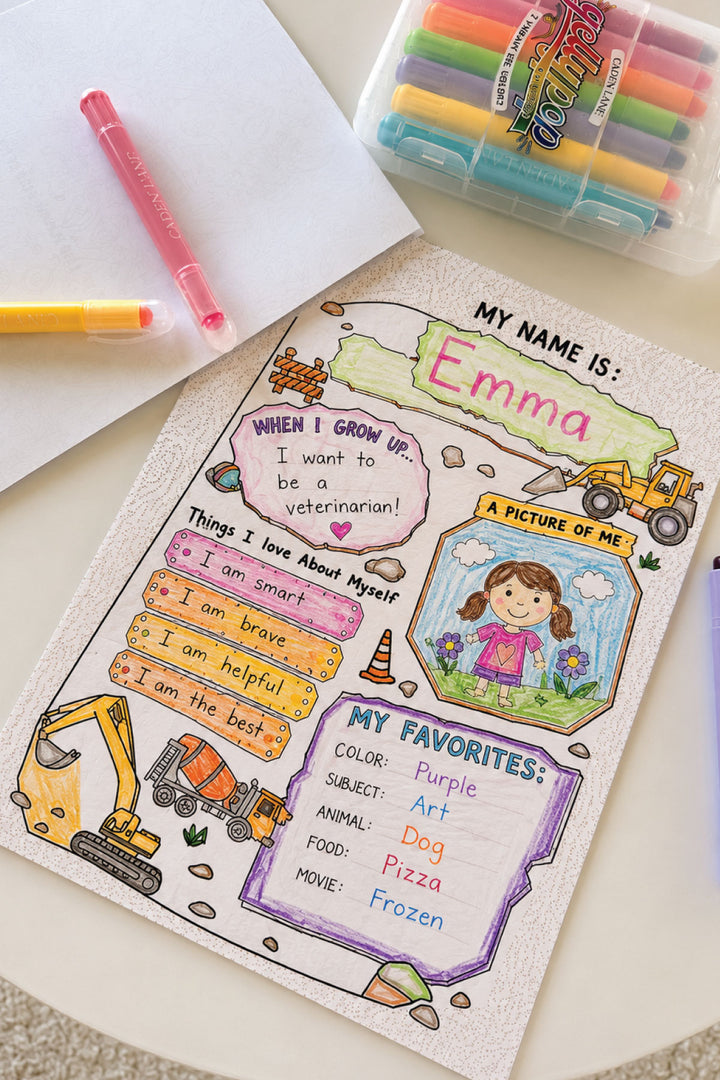 Completed "All About Me" activity page from the Caden Lane Construction coloring book, filled in with a child's name, favorites, and self-portrait using Gellypop gel crayons.