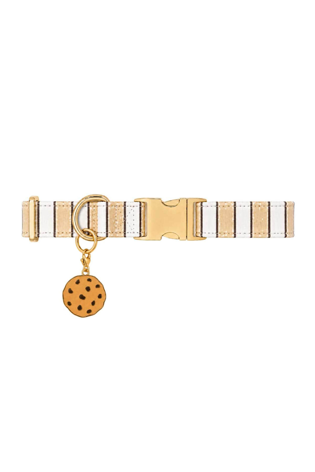 White striped pet collar with a chocolate chip cookie enamel charm attached, shown on white background