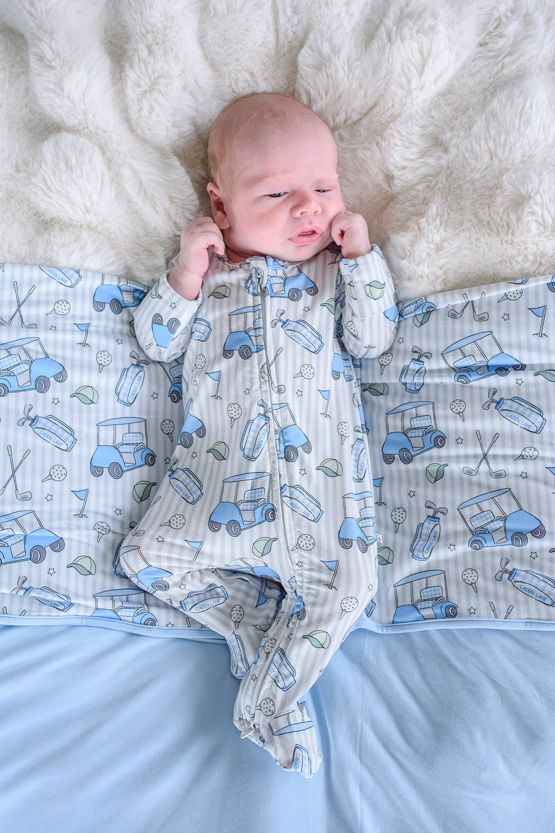 preppy blue zipper footie for baby boys
