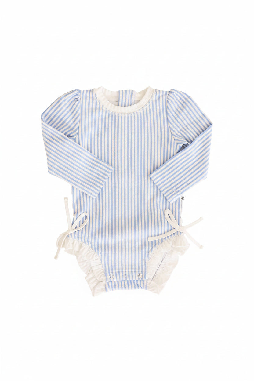 long sleeve rash guard swimsuit for girls in blue seersucker