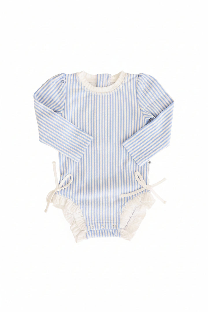 long sleeve rash guard swimsuit for girls in blue seersucker