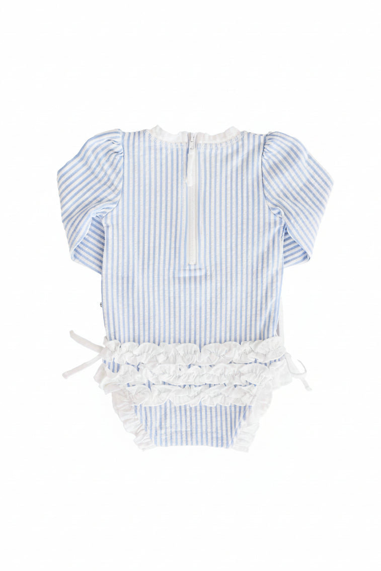 white and blue seersucker rash guard swimsuit for girls with ruffle bottom
