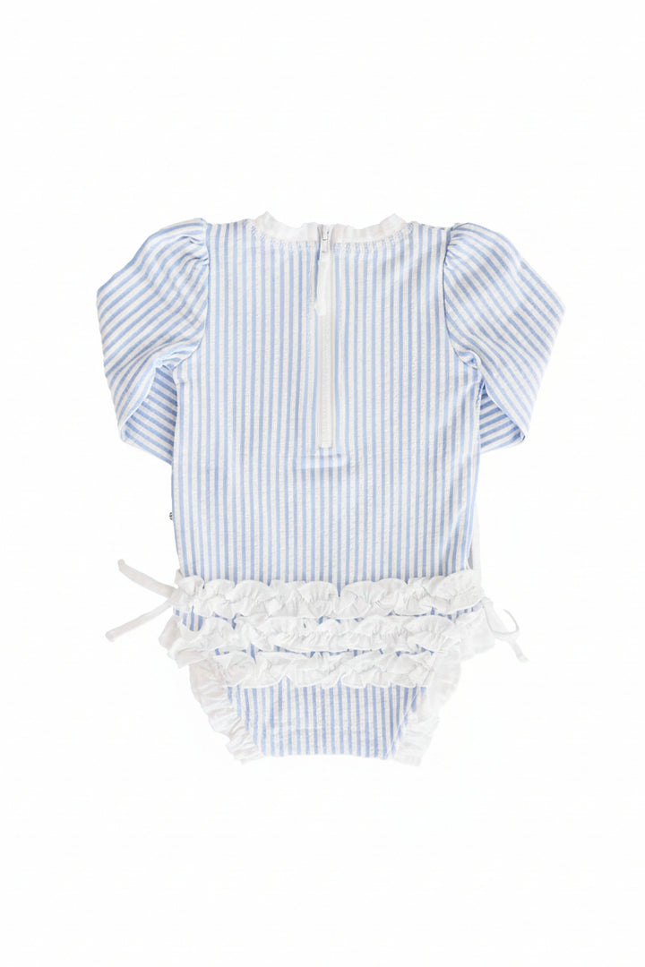 white and blue seersucker rash guard swimsuit for girls with ruffle bottom