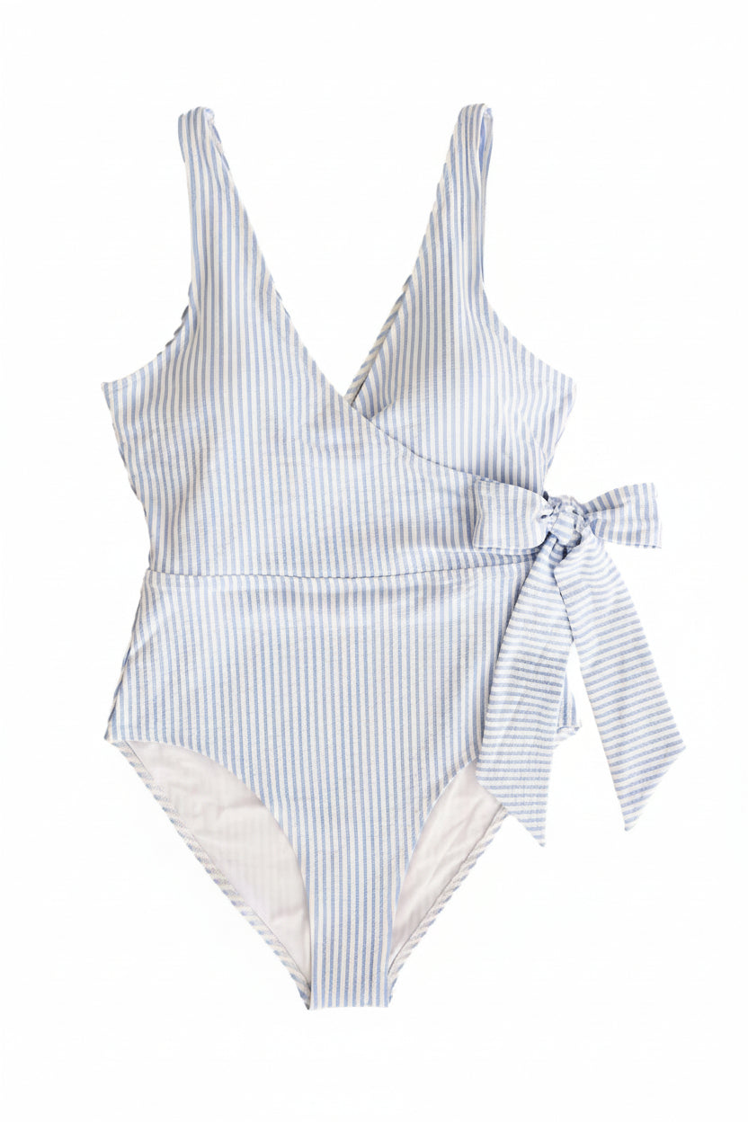 blue seersucker women's one piece swimsuit with tie