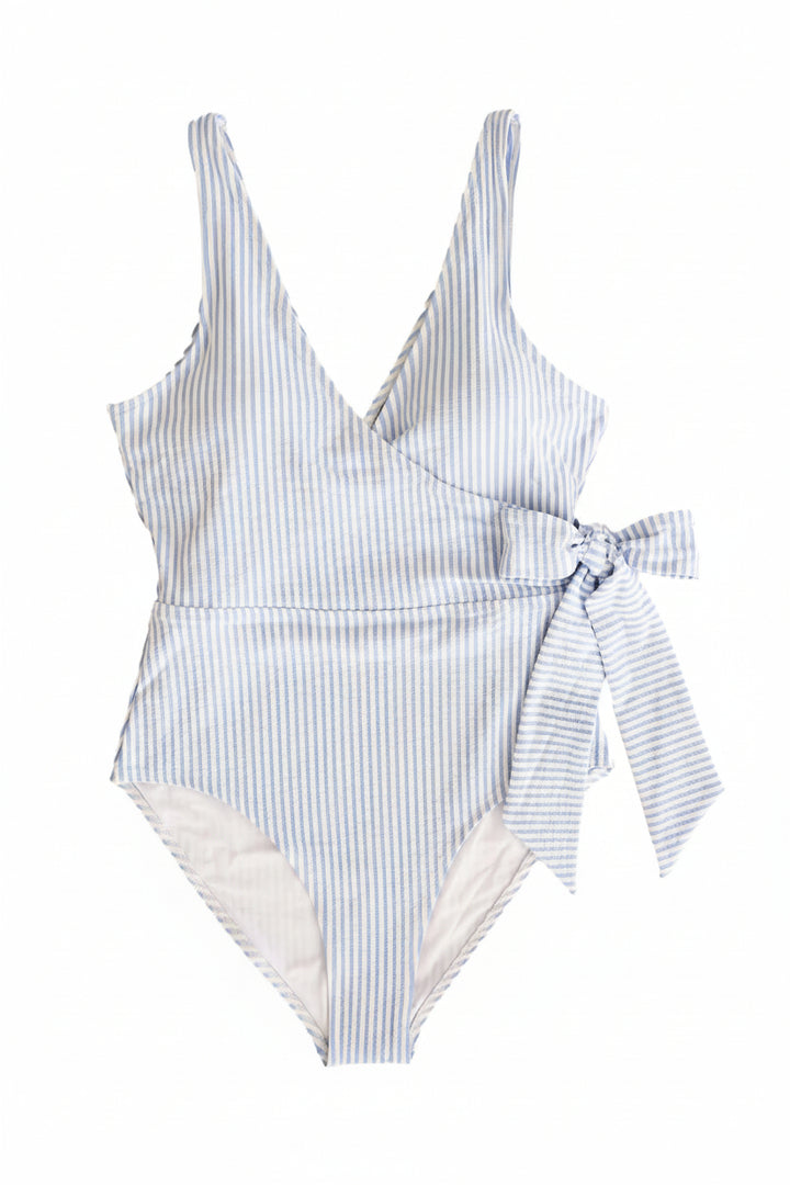 blue seersucker women's one piece swimsuit with tie