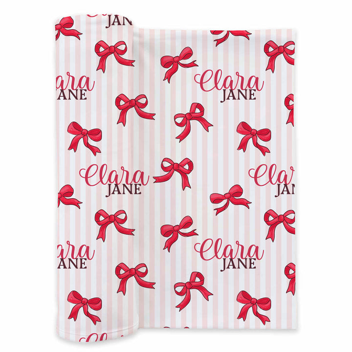 pink and white stripe with red bow personalized name swaddle christmas 