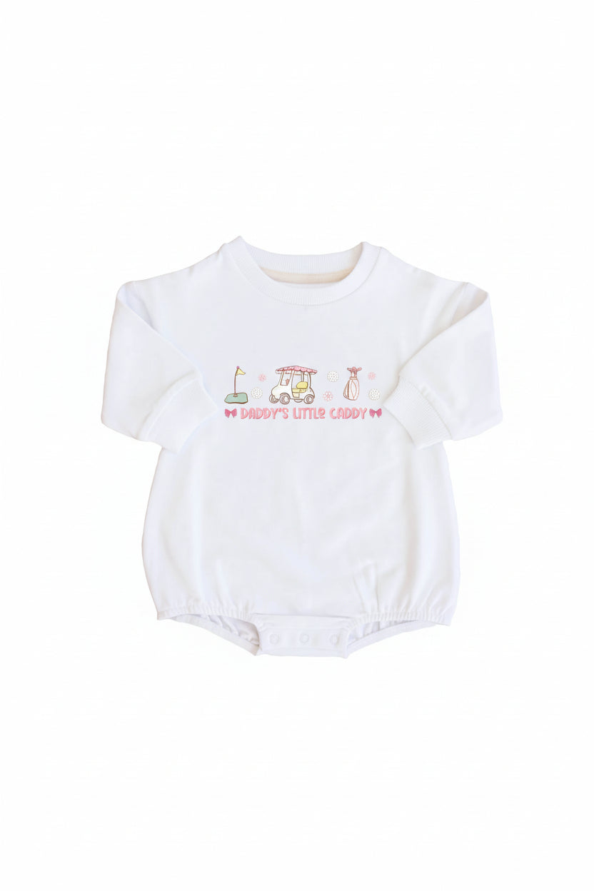 girls golf print graphic bubble long sleeve onesie for toddlers and babies