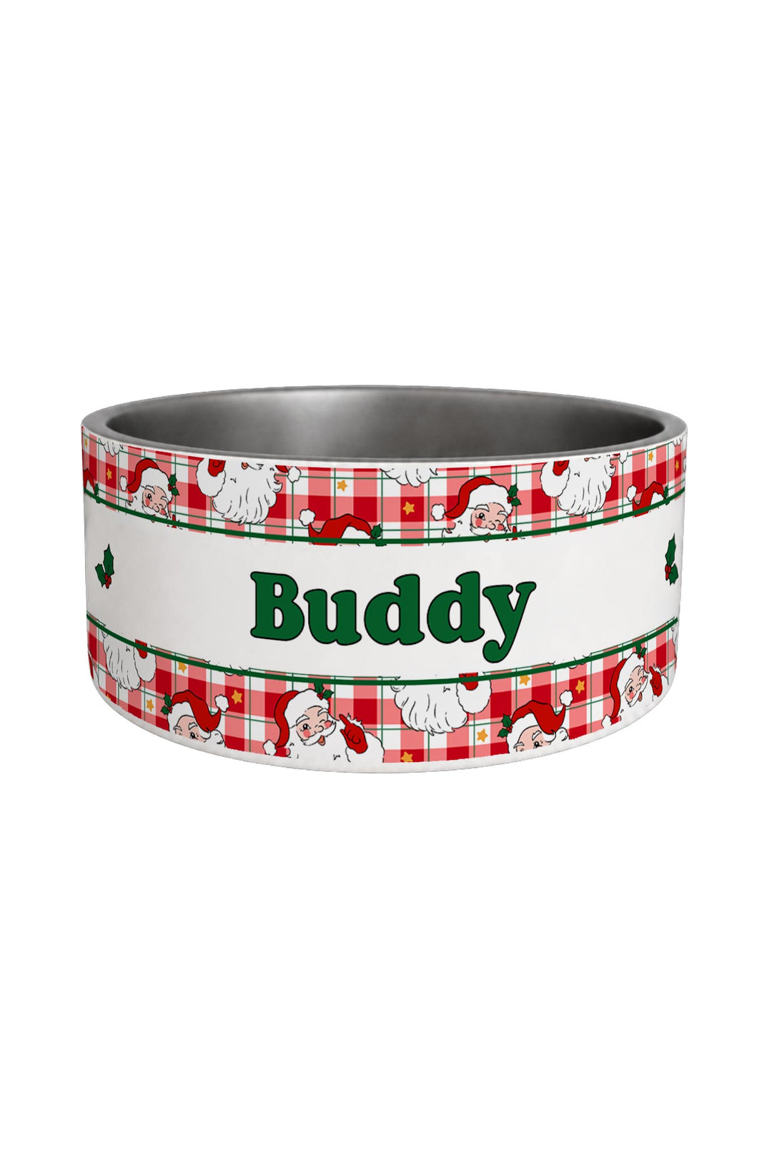 A custom Lane & Leash pet bowl with a stainless steel interior and a festive white, red, and green holiday-themed band around the outside. The band features a red and white gingham pattern with Santa Claus illustrations and the name 'Buddy' printed in green in the center.