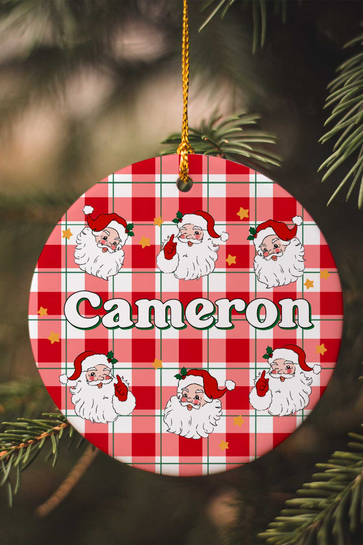 Caden Lane personalized Christmas ornament featuring a custom name on a classic red and green plaid design, perfect for matching family pajamas, festive tree décor, and personalized holiday gifts.